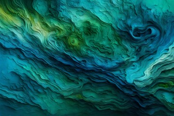 Swirling textures created by amethyst and cobalt paints, resembling an alien landscape Liquid dark blue and green  tendrils of paint intertwining in a mesmerizing abstract dance. 