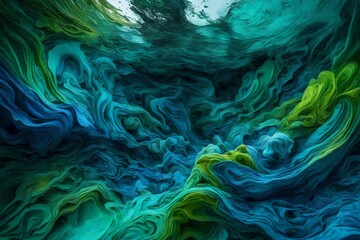 Swirling textures created by amethyst and cobalt paints, resembling an alien landscape Liquid dark blue and green  tendrils of paint intertwining in a mesmerizing abstract dance.  - obrazy, fototapety, plakaty
