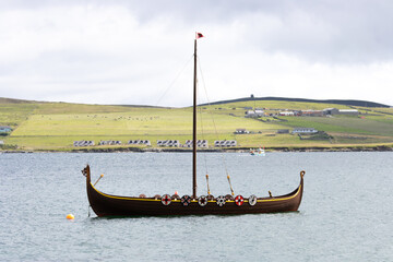 A replica Viking long boat in Lerwick harbour, Shetlands