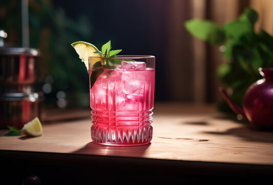 A refreshing red drink sits in a mason jar, accompanied by a slice of lime and a delicate flower in a wooden vase, creating a cozy and inviting indoor scene