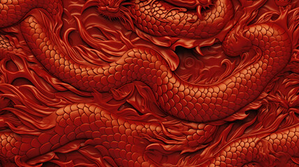 Chinese Dragon Scales Texture Chinese New Year 2024 Year Of The Dragon, Red and Gold Symmetry Pattern. Chinese Dragon Background. Generative AI