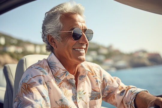 Elderly man in sunglasses driving a car, Ai Generation