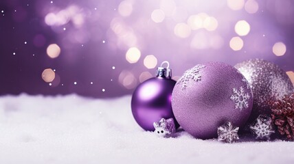 Shimmering Lavender Winter Wonderland: Silver Christmas Ornaments and Stars Adorn a Snowy Landscape...