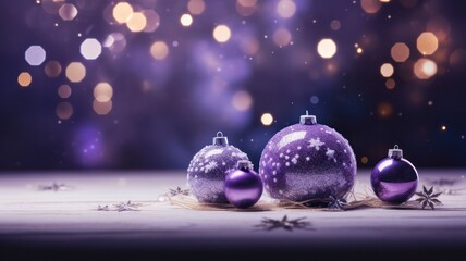 Fototapeta na wymiar Shimmering Purple Christmas Bauble and Stars on Snow with White Sparkling Background - Festive Decorations for Christmas Tree