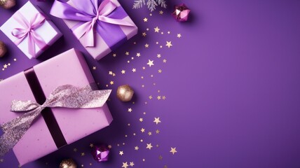 Violet Yuletide Delight: An Overhead Snapshot of Lavender Gift Parcels with Ribbon Ties, Floral...