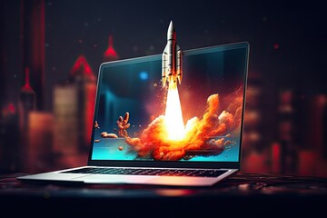 Rocket coming out of a laptop screen. Modern technology, online marketing and success concept. - obrazy, fototapety, plakaty