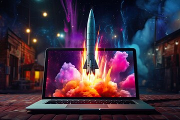 Rocket coming out of a laptop screen. Modern technology, online marketing and success concept.