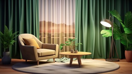 Tropical themed living room with a green backdrop, AI generative