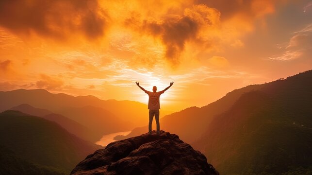 Freedom and adventure of travel, silhouette of a person raising their hands in prayer at the mountain peak with the sun setting in the sky, AI generative