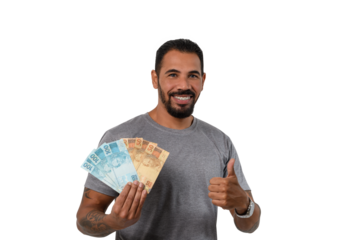 Man with Brazilian money makes "positive" sign