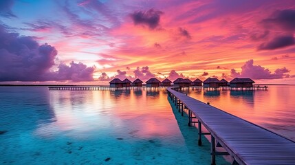 Stunning panoramic beach view with a long bridge, AI generative