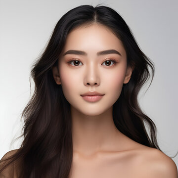 Portrait of a young Asian woman on a white background.The concept of cosmetology, spa, natural makeup.