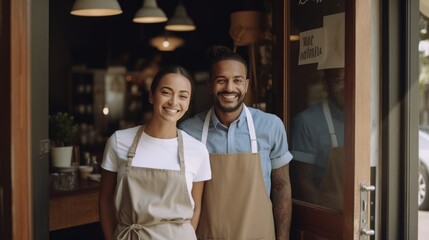 Couple business owners smiling and looking at camera while standing at entrance