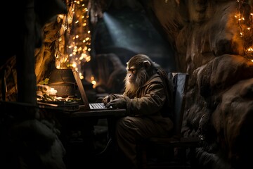 Fototapeta premium A chimpanzee is using his laptop while sitting