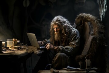 A man has a long beard and seated with a laptop - obrazy, fototapety, plakaty