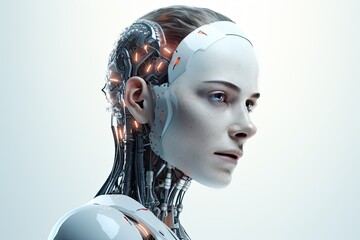 Portrait of an ai robot with white background. Futuristic technology.