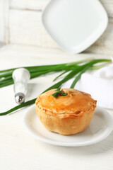 Plate with tasty meat pot pie on light wooden background