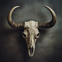 Atmospheric bull skull on old dark grey wall.