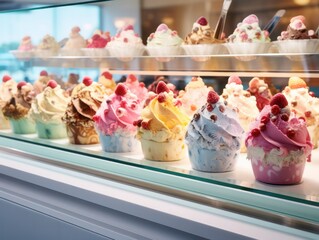 Fototapeta na wymiar Delicious Italian ice-cream in showcase of cream shop, close-up, selective focus.