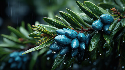 Rain drops on the blue berries of a juniper. Close-up. - obrazy, fototapety, plakaty