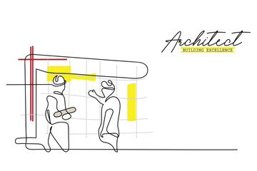 line art of architects. Building architecture business concept. Architect briefing investors businessmen and foreman. One line vector art. Isolated Architect design.Empowered woman. Engineer line art.