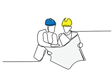 line art of architects. Building architecture business concept. Architect briefing investors businessmen and foreman. One line vector art. Isolated Architect design.Empowered woman. Engineer line art.