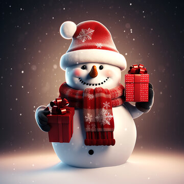 Snowman wearing a Santa Claus hat and holding a gift box