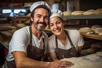Fototapeta na wymiar Two happy bakers at work.