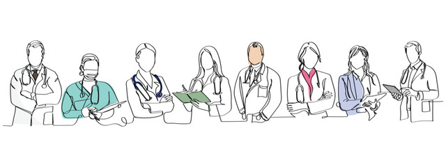  line art of doctors. Vector art concept. Medicine and highest academic degree. Health care. Physicians vector concept art. One line art. Minimalism. Poster or banner design concept. doctor day