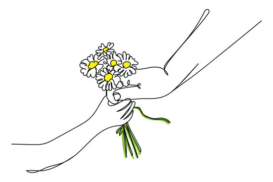 line art of grandparent's hand receiving flowers from grandchild. celebrate kindness and promote harmony. flowers. mother daughter relationship. mothers day. family bonding.