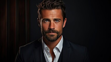 Fototapeta premium Portrait of attractive glad cheerful man manager demonstrating ad copy space over background. Man portrait illustration. Generative AI