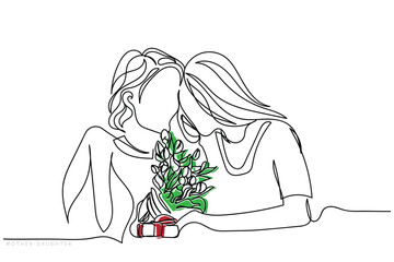 line art of grandparent's hand receiving flowers from grandchild. celebrate kindness and promote harmony. flowers. mother daughter relationship. mothers day. family bonding.