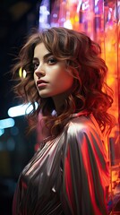 Fototapeta premium High Fashion model girl in colorful bright neon lights posing in studio through transparent film. Portrait of beautiful woman in UV. Art design colorful make up. Model illustration. Generative AI