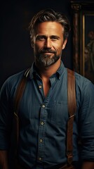 Obraz premium Portrait of smiling mature man standing on background. Man portrait illustration. Generative AI