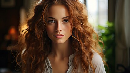 Naklejka premium Portrait of authentic happy woman without makeup, smiling at camera, standing cute against background. Smile emotion illustration. Generative AI