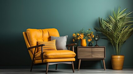 Retro interior design of living room with stylish vintage chair and table, plants, cacti, personal accessories and gold mock up poster frame on the beige wall. Elegant home decor. Generative AI