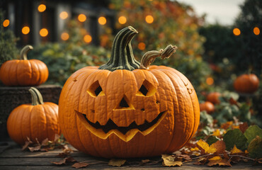 Fototapeta premium Halloween Decor with Pumpkins, Bats, and Haunted Homes