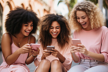 Joyful group of women friends sitting outdoors, laughing and using their smartphones together.