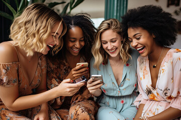Friends, a diverse group of women, sit together in a cafe, enjoying coffee and taking selfies on their smartphones.
