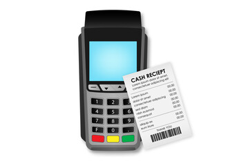 POS - Point of Sale Terminal, Credit Card Reader Machine with Cash Receipt. Vector Illustration. 