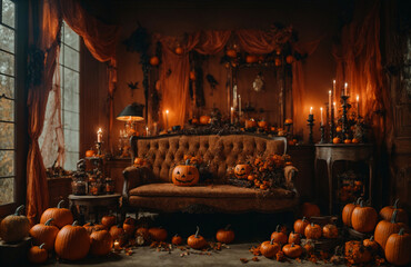 Obraz premium Halloween Decor with Pumpkins, Bats, and Haunted Homes