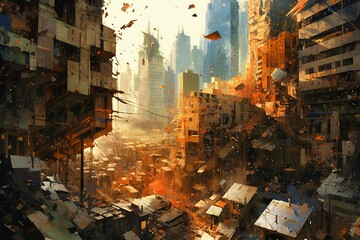 Cityscape bursting into fragments and chaos. Generative AI