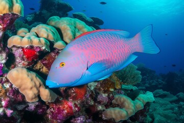 Colorful parrotfish swim amongst vibrant coral formations, displaying the lively energy of the underwater ecosystem. Generative AI