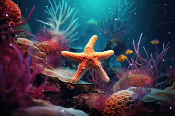 Obraz na płótnie Canvas Ocean Symphony: The Graceful Elegance of an Underwater Starfish Perched Upon Vibrant Coral Reefs