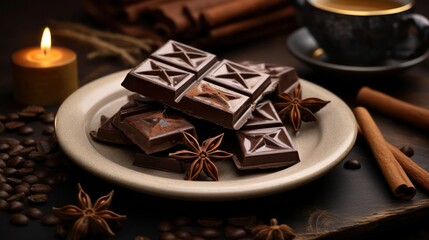 Dark chocolate bars, cinnamon sticks, anise stars on a plate, coffee beans and burning candle on...