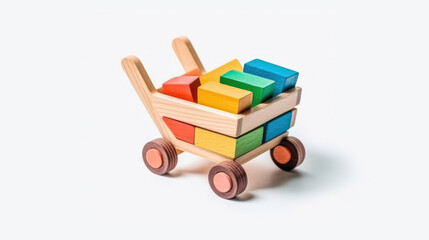 Whimsical wooden toy on a pristine white background, radiating nostalgia and simplicity in its design