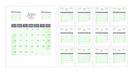 Calendar 2024 template vertical. Week starts on Sunday. With previous and next month miniature. Vector design.