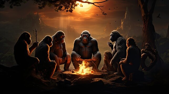 Illustration of a group of Neanderthals. Generative AI