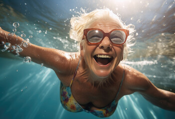 Elderly woman swimming underwater. Happy elderly woman enjoys diving