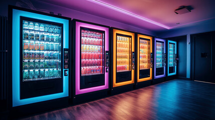 Neon-illuminated Vending Machines in Modern Setting, generative ai - obrazy, fototapety, plakaty